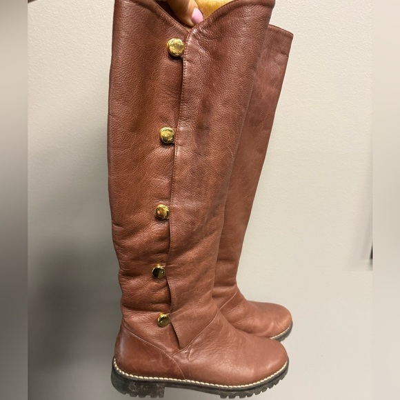 Michael Kors Tall Brown Leather Riding Boots Faux Fur Lined Snap Up Size 6 ½ M - Picture 4 of 16